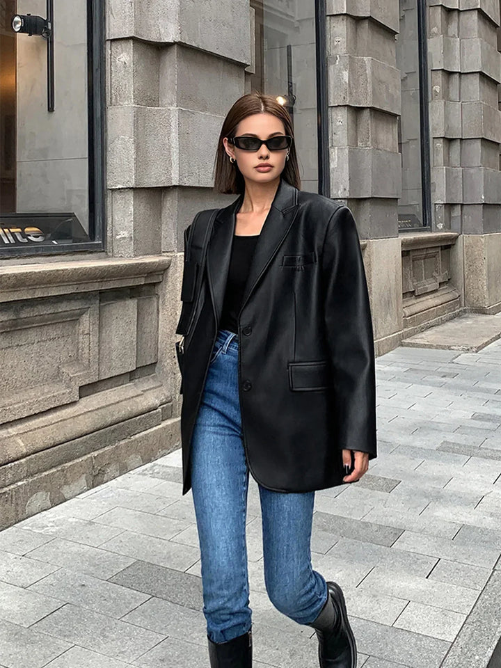 Ladies Oversized Faux Leather Blazer Jacket