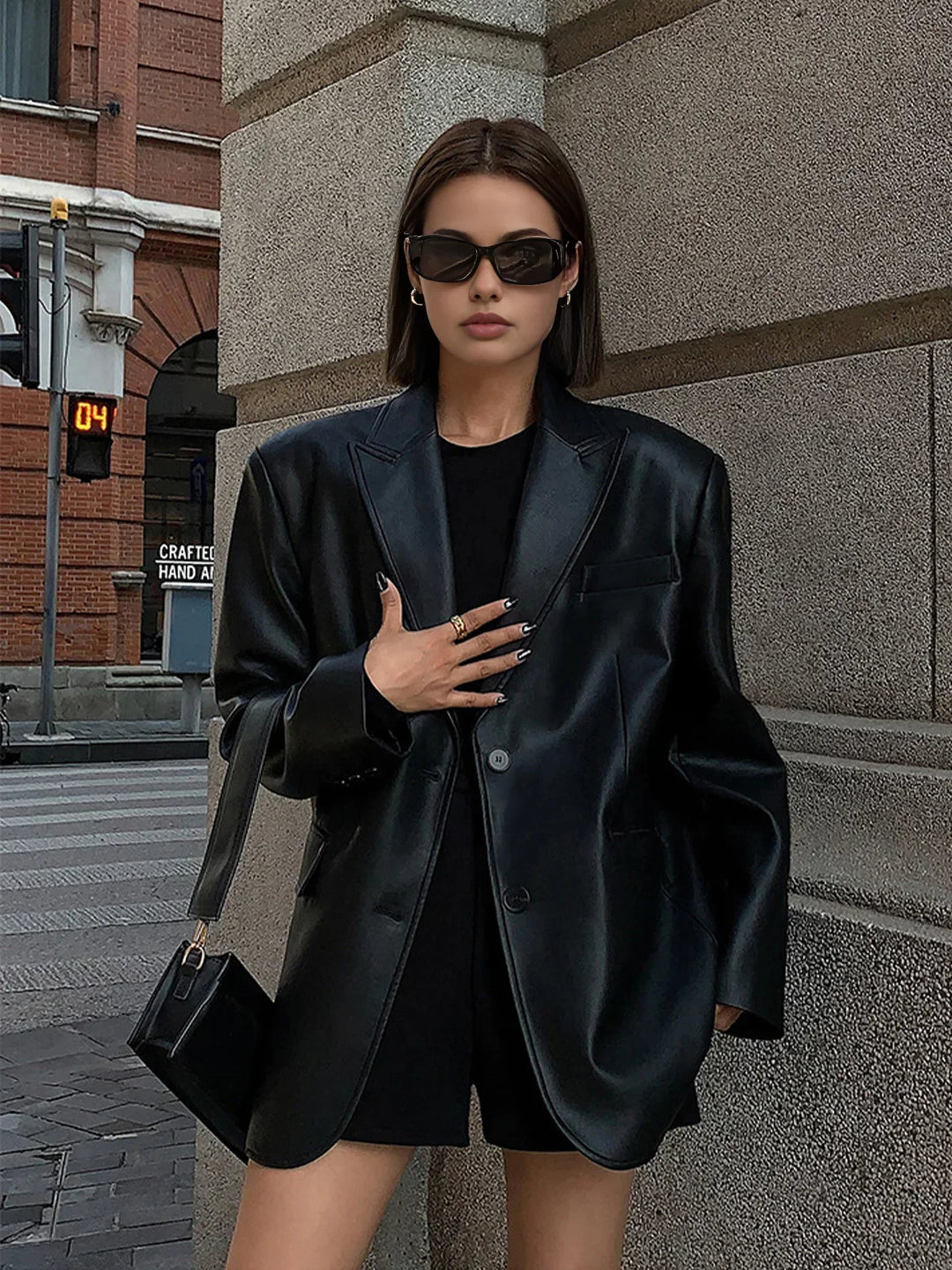 Ladies Oversized Faux Leather Blazer Jacket