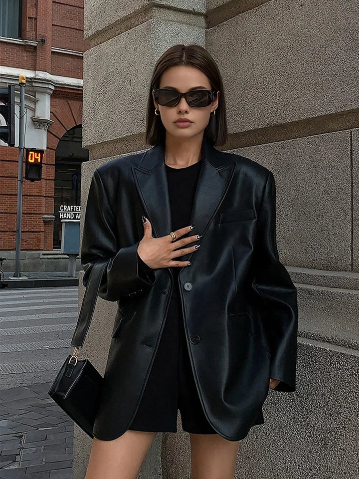 Ladies Oversized Faux Leather Blazer Jacket