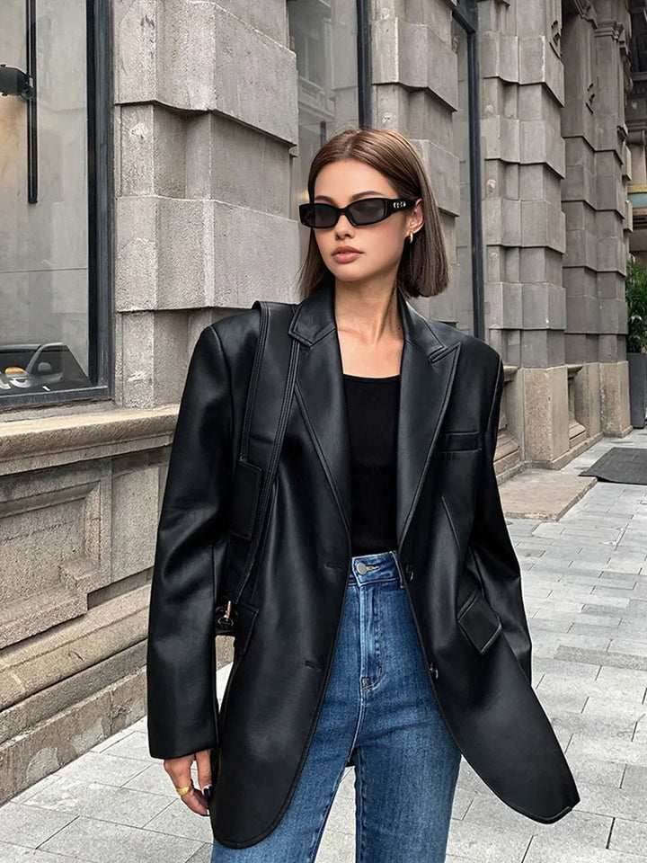 Ladies Oversized Faux Leather Blazer Jacket
