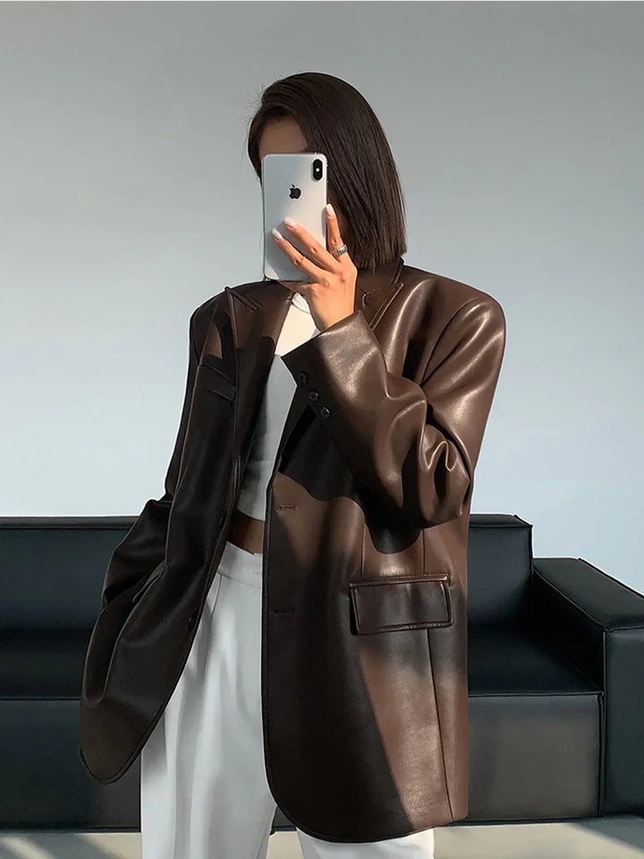 Ladies Oversized Faux Leather Blazer Jacket