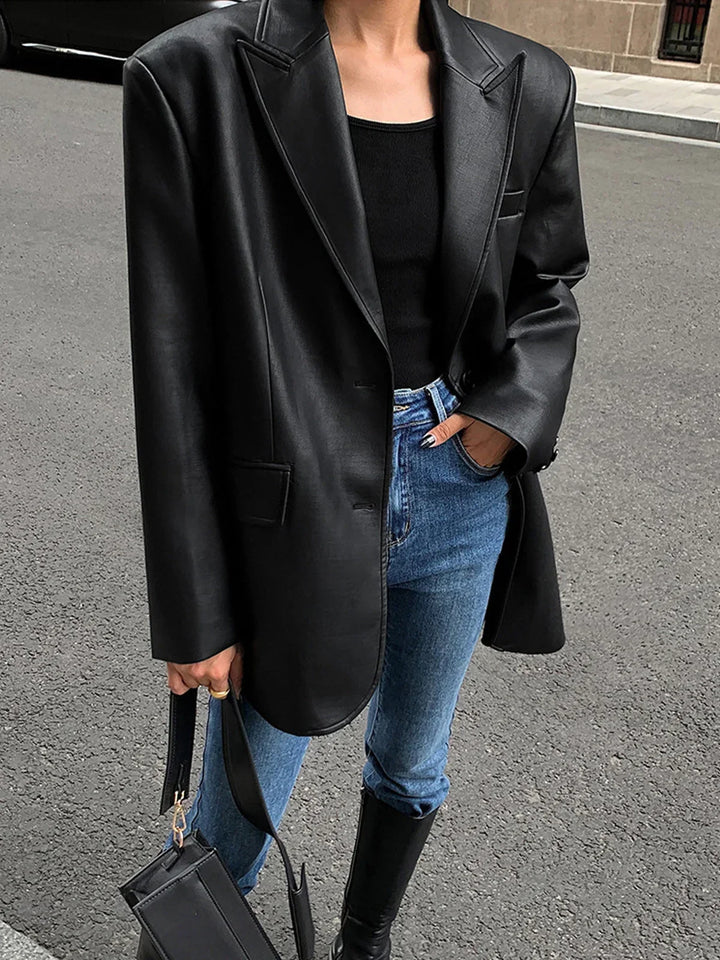 Ladies Oversized Faux Leather Blazer Jacket