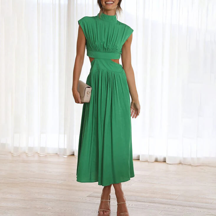 Effortless Flattering Halter Neck Linen Blend Draped Breezy Dress For Summer Evenings