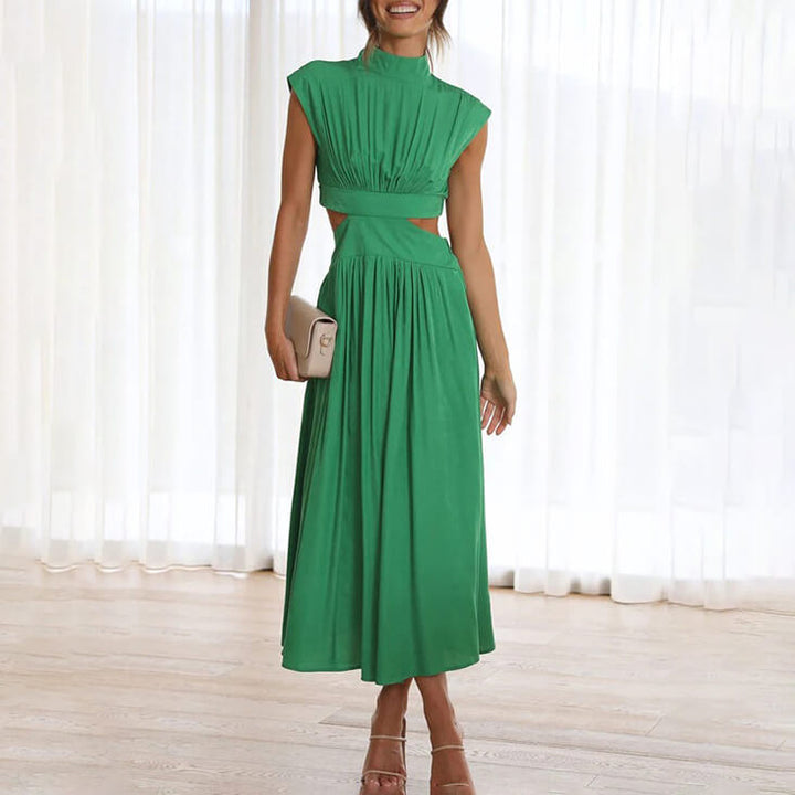 Effortless Flattering Halter Neck Linen Blend Draped Breezy Dress For Summer Evenings