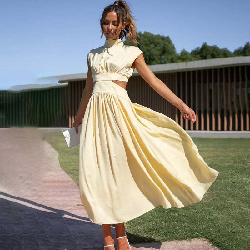 Effortless Flattering Halter Neck Linen Blend Draped Breezy Dress For Summer Evenings