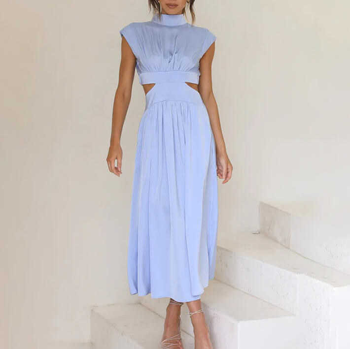 Effortless Flattering Halter Neck Linen Blend Draped Breezy Dress For Summer Evenings