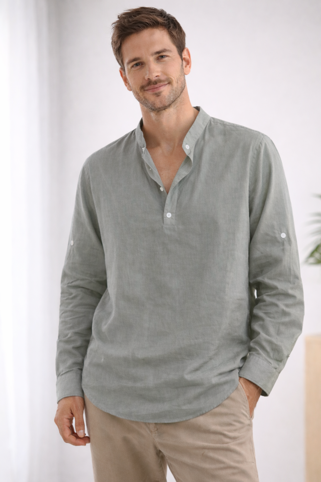 | Men's Casual Band Collar Long Sleeve Shirt