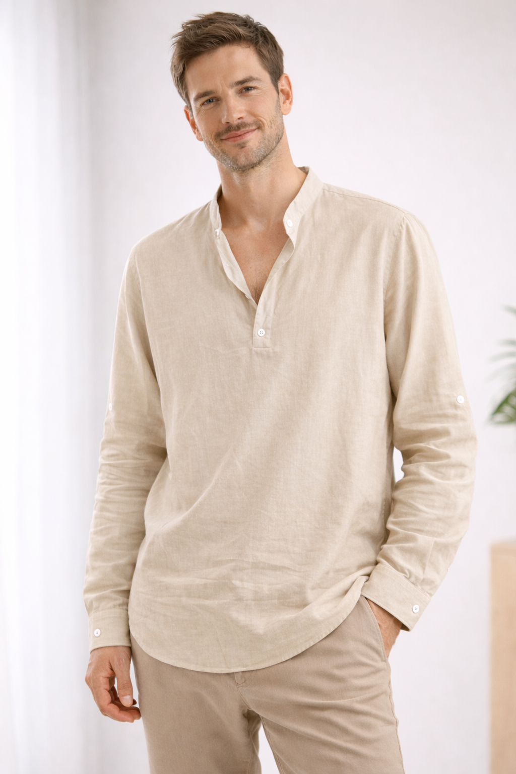 | Men's Casual Band Collar Long Sleeve Shirt