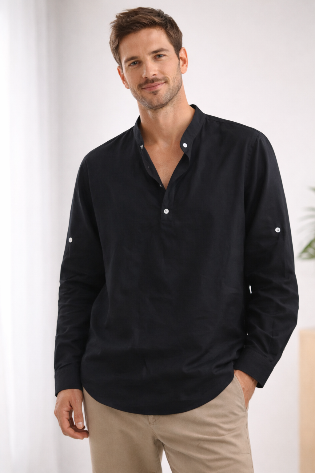 | Men's Casual Band Collar Long Sleeve Shirt