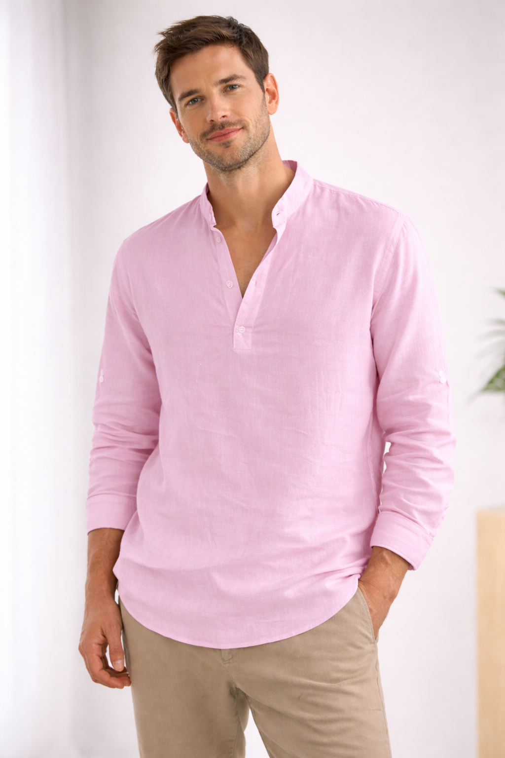 | Men's Casual Band Collar Long Sleeve Shirt