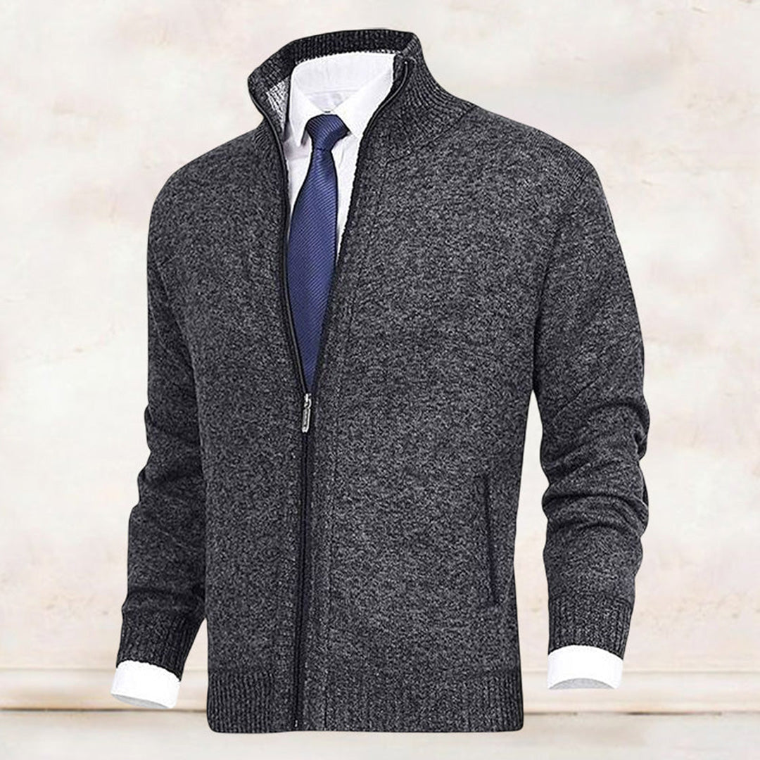 Men's Knitted Sweater with Zipper and Stand-up Collar