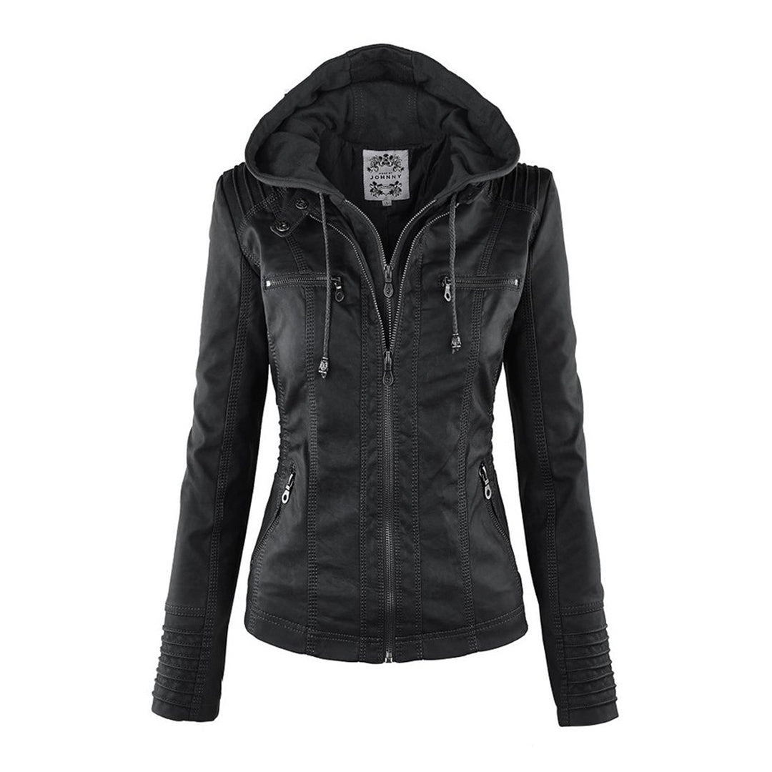 | Women's Hooded Faux Leather Moto Jacket
