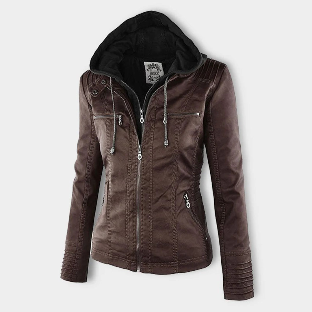 | Women's Hooded Faux Leather Moto Jacket