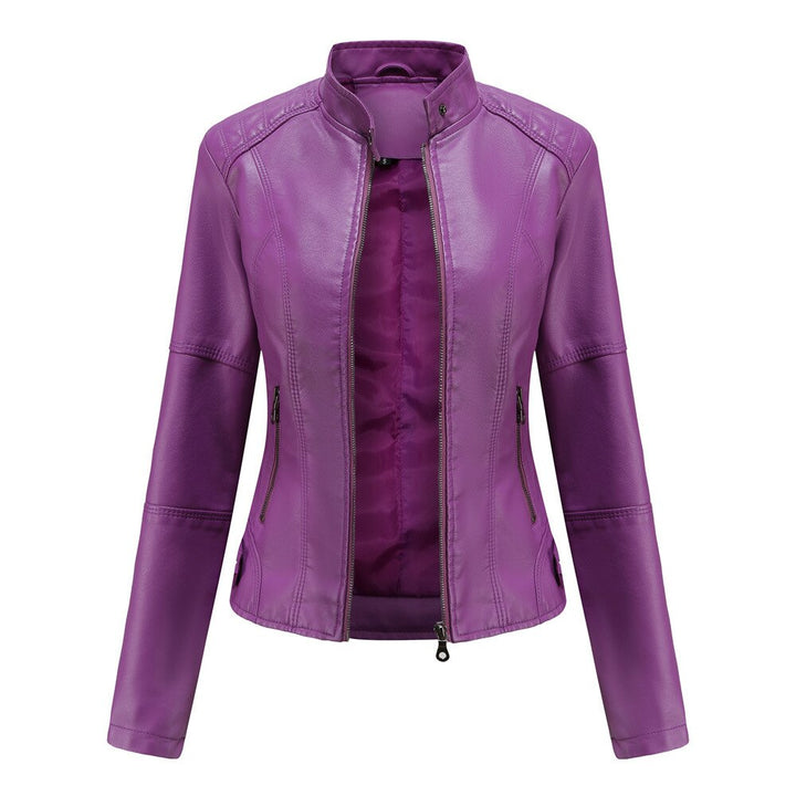 | Women's Faux Leather Jacket with Mandarin Collar