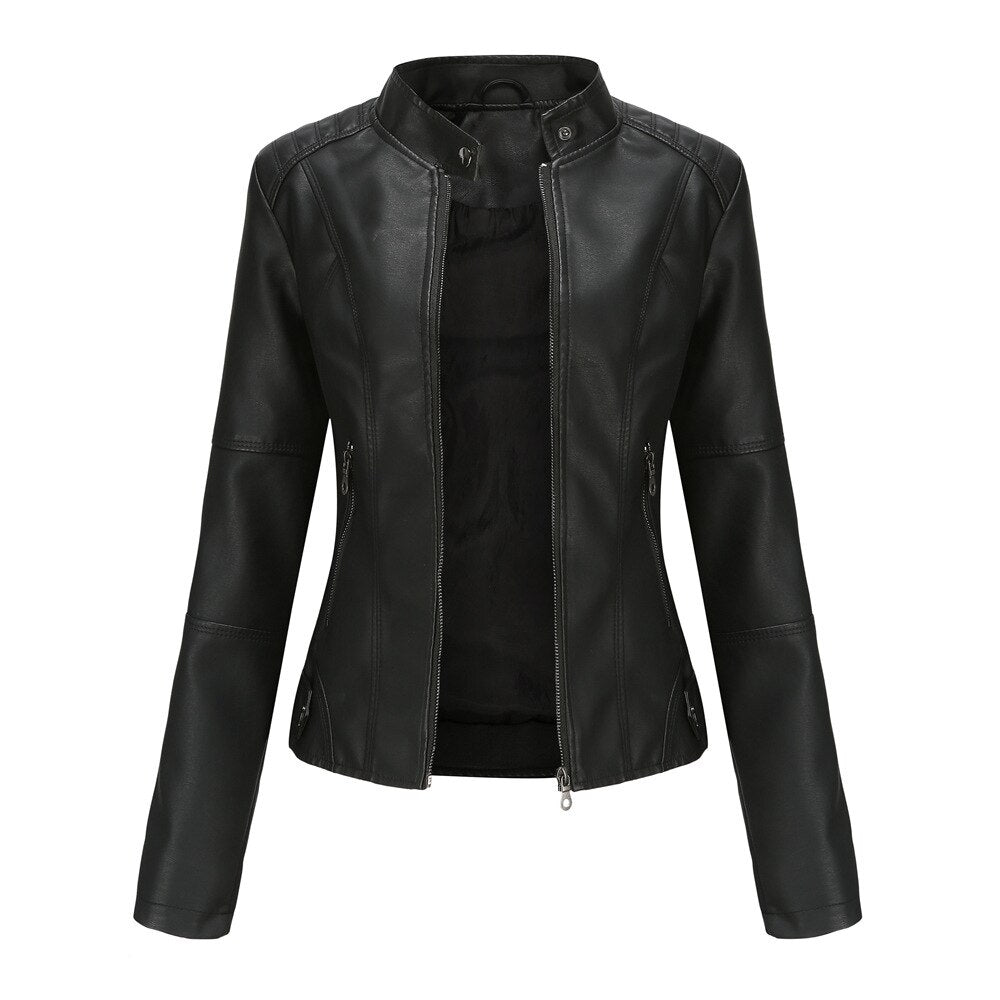 | Women's Faux Leather Jacket with Mandarin Collar