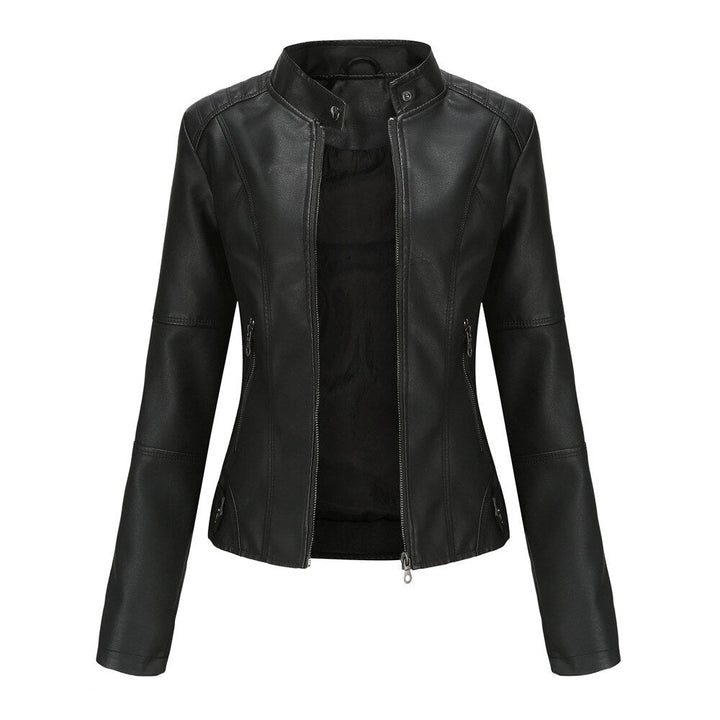 | Women's Faux Leather Jacket with Mandarin Collar