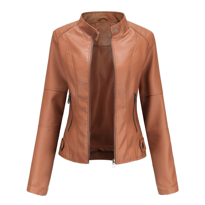 | Women's Faux Leather Jacket with Mandarin Collar
