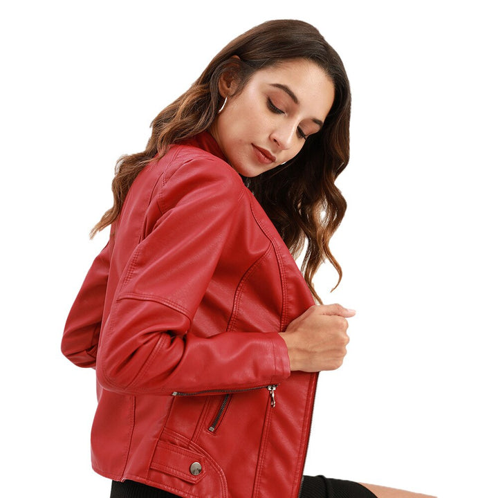 | Women's Faux Leather Jacket with Mandarin Collar