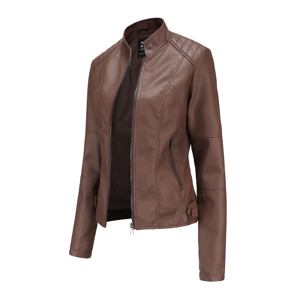 | Women's Faux Leather Jacket with Mandarin Collar