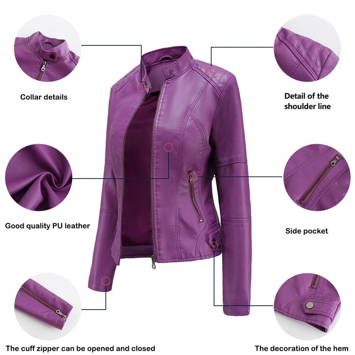 | Women's Faux Leather Jacket with Mandarin Collar