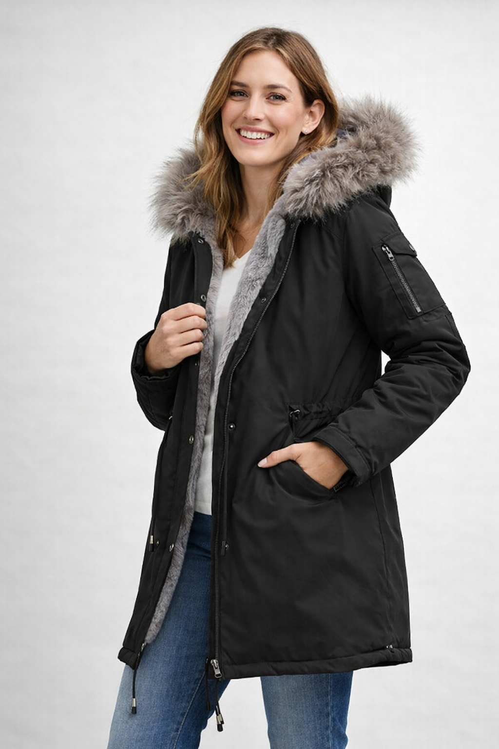 | Cozy Padded Parka with Faux Fur Trim