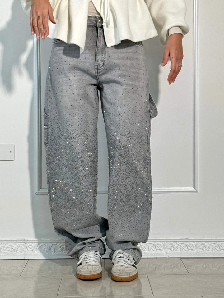 | Sparkling Rhinestone Wide Leg Jeans