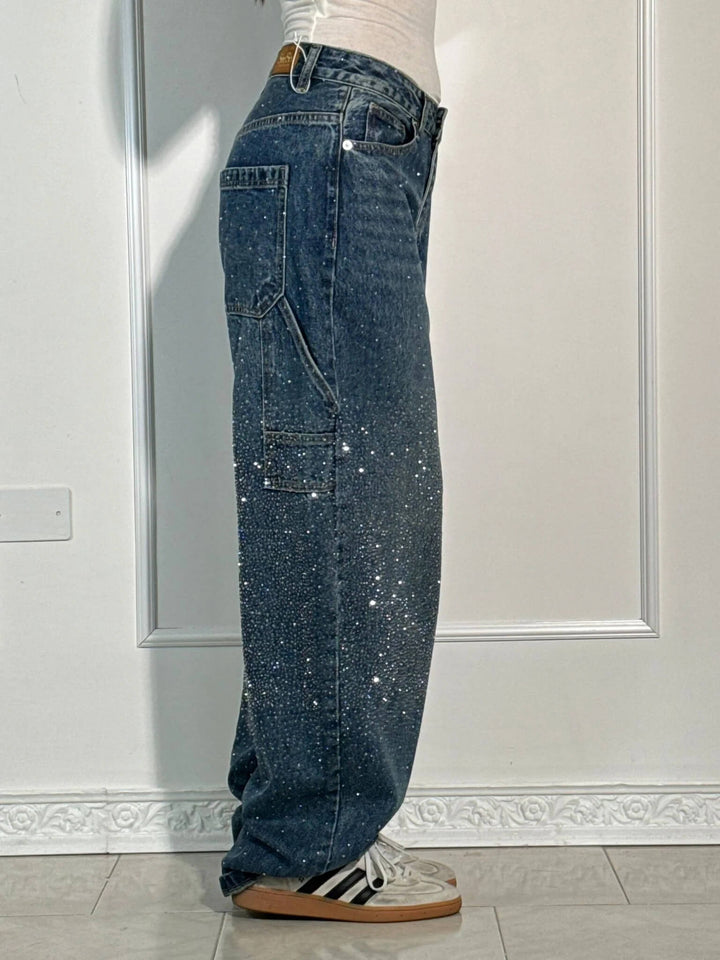 | Sparkling Rhinestone Wide Leg Jeans