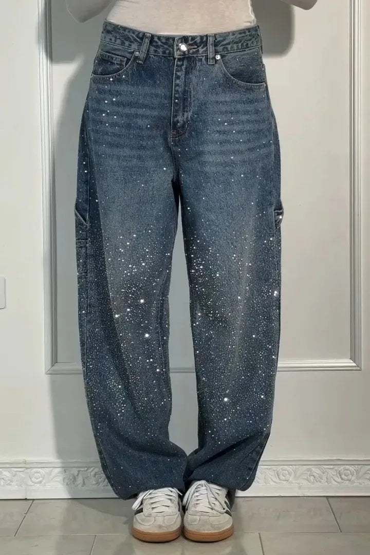 | Sparkling Rhinestone Wide Leg Jeans