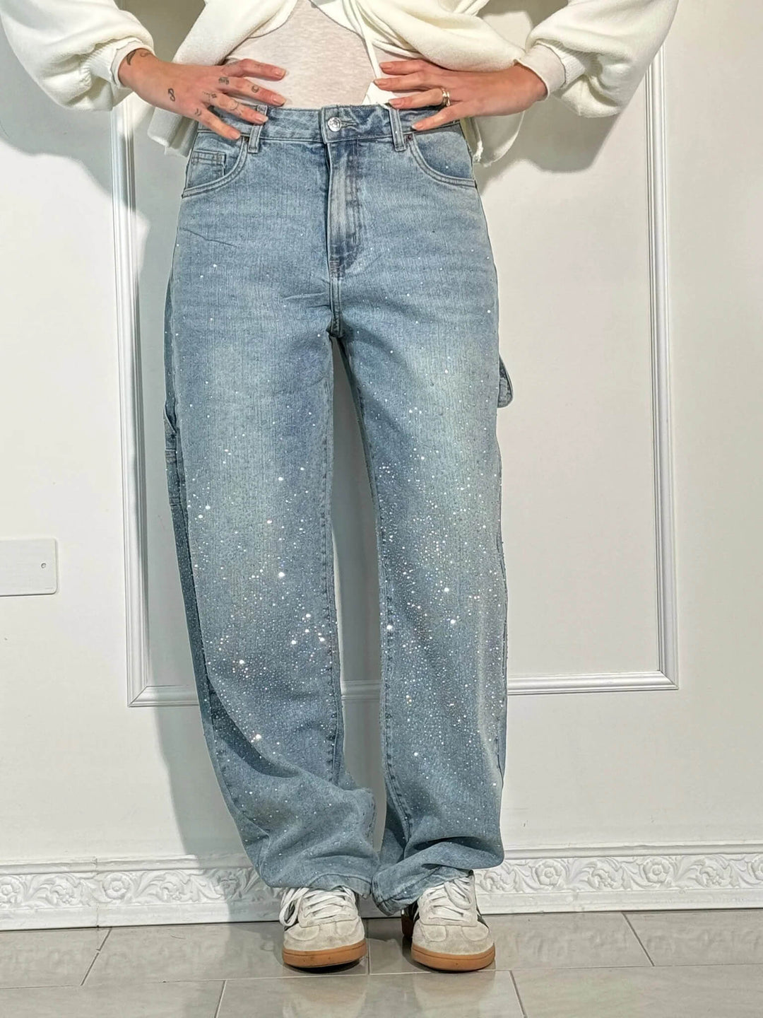 | Sparkling Rhinestone Wide Leg Jeans