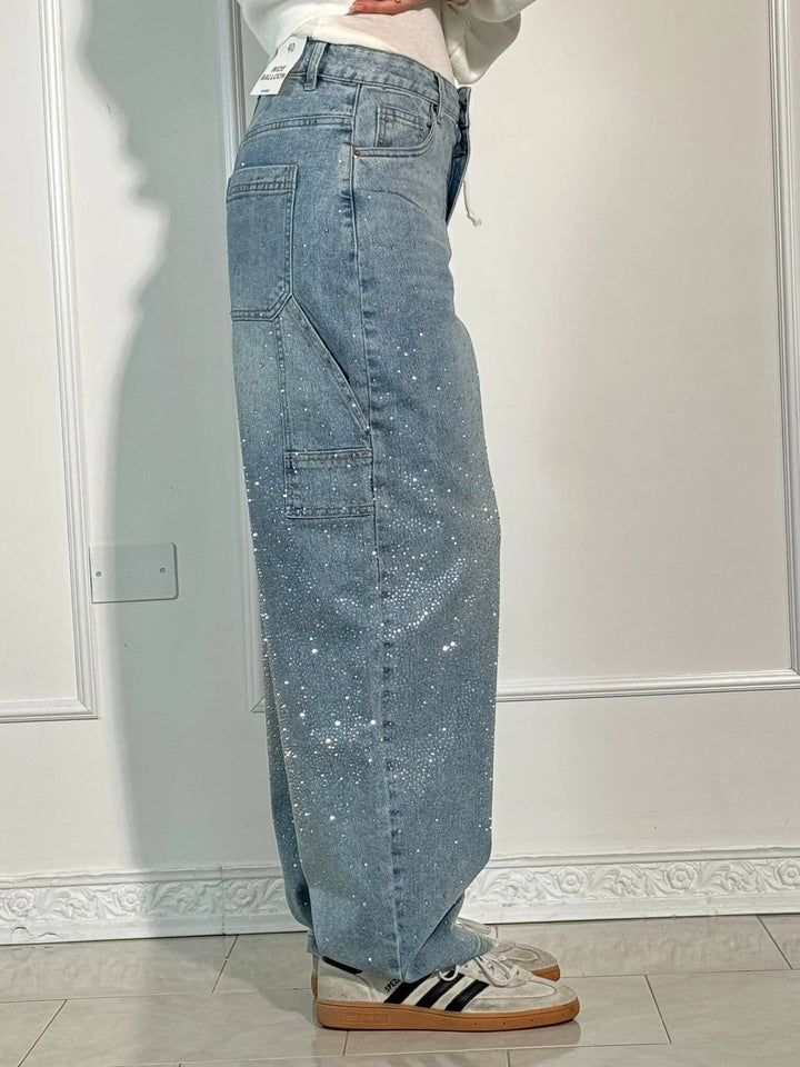 | Sparkling Rhinestone Wide Leg Jeans