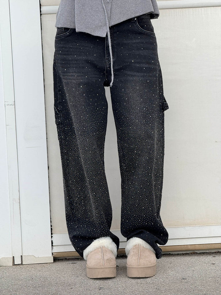 | Sparkling Rhinestone Wide Leg Jeans