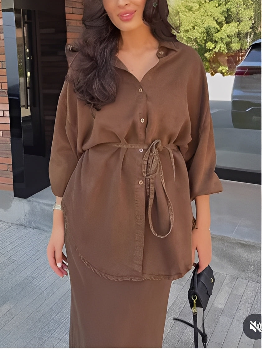 Chloe | Long-Sleeved Shirt and Skirt Set with Tie-Drawstring and Coordinated Design