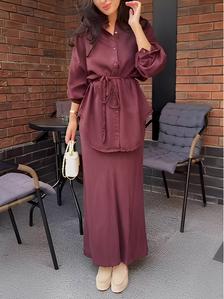 Chloe | Long-Sleeved Shirt and Skirt Set with Tie-Drawstring and Coordinated Design
