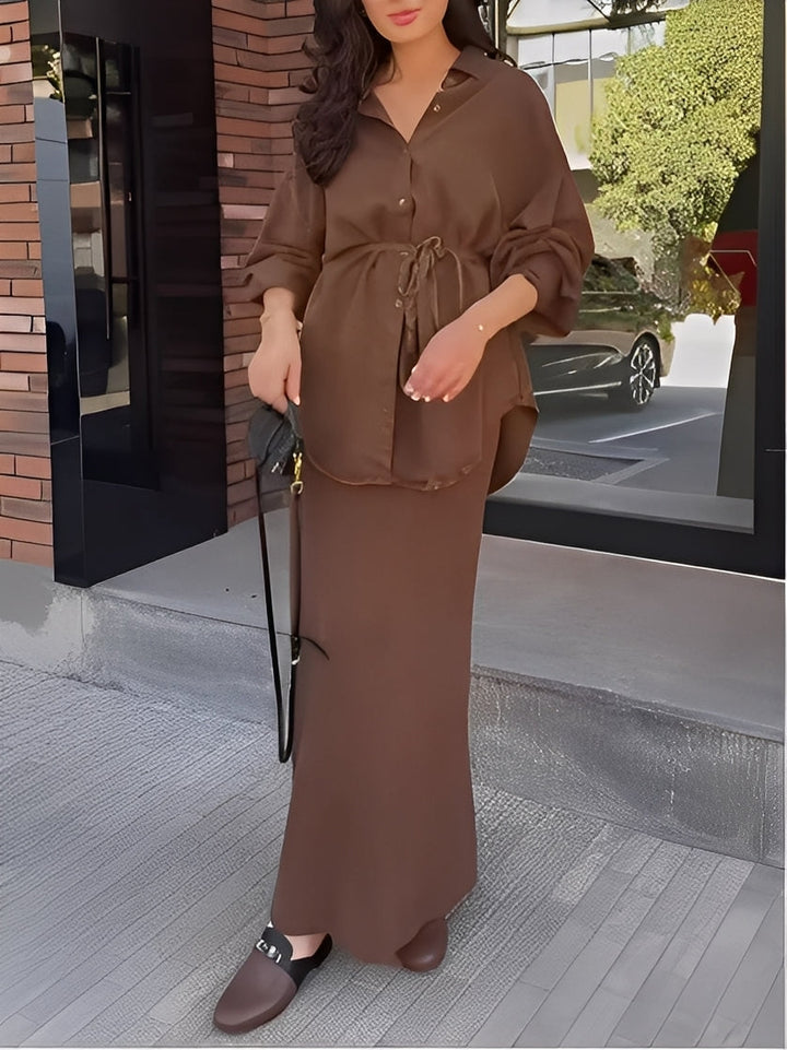 Chloe | Long-Sleeved Shirt and Skirt Set with Tie-Drawstring and Coordinated Design