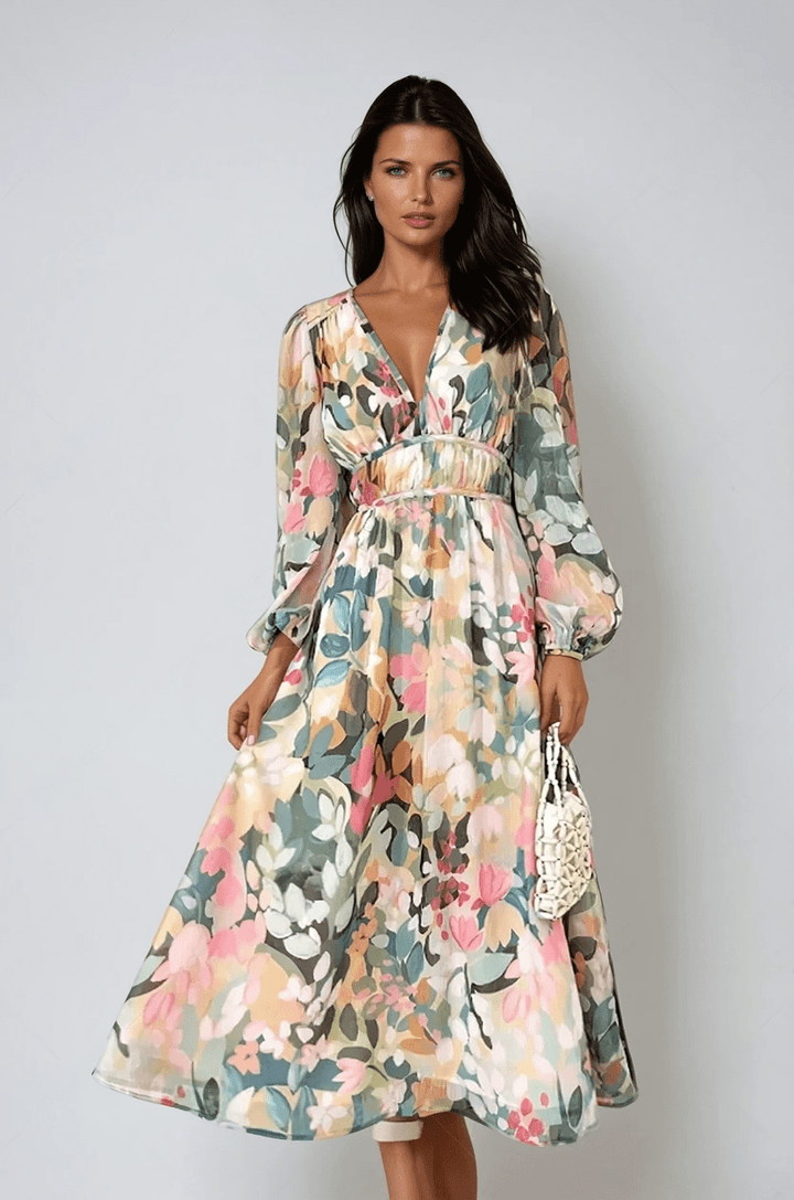 Luxurious V-Neck Watercolor Floral Print All-Day-Comfort Billowy Sleeve Midi Dress
