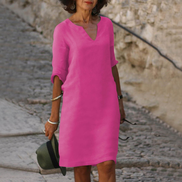 Effortless V-Neck Linen Breathable Everyday Comfort Relaxed Fit Pretty Midi Dress