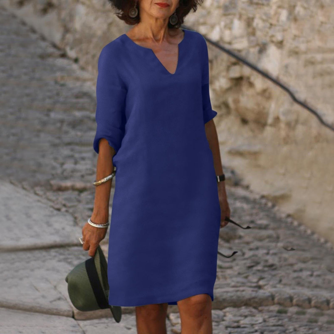 Effortless V-Neck Linen Breathable Everyday Comfort Relaxed Fit Pretty Midi Dress