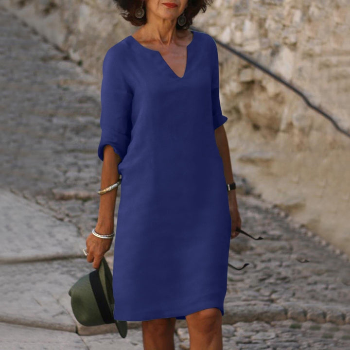 Effortless V-Neck Linen Breathable Everyday Comfort Relaxed Fit Pretty Midi Dress