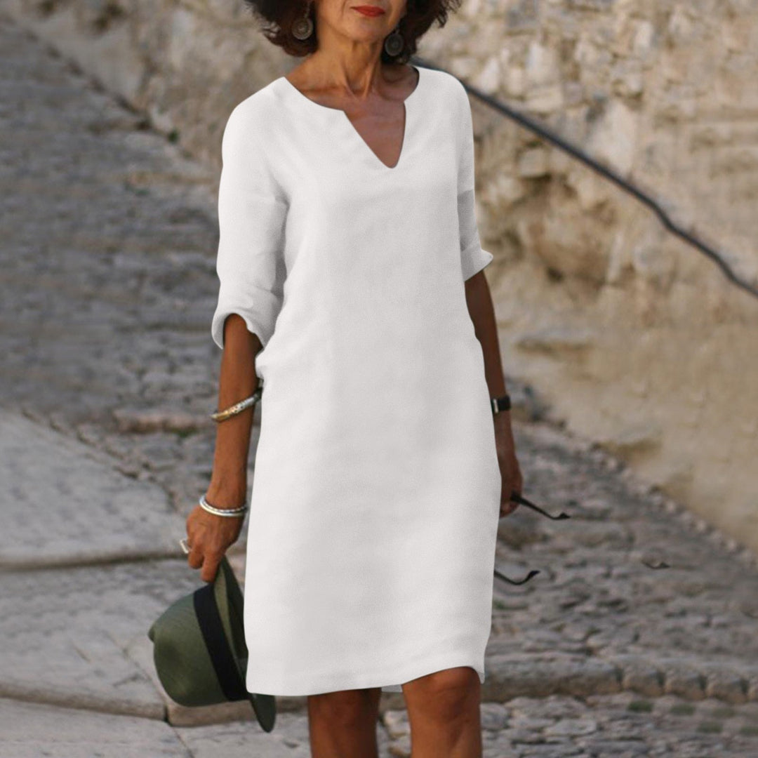Effortless V-Neck Linen Breathable Everyday Comfort Relaxed Fit Pretty Midi Dress