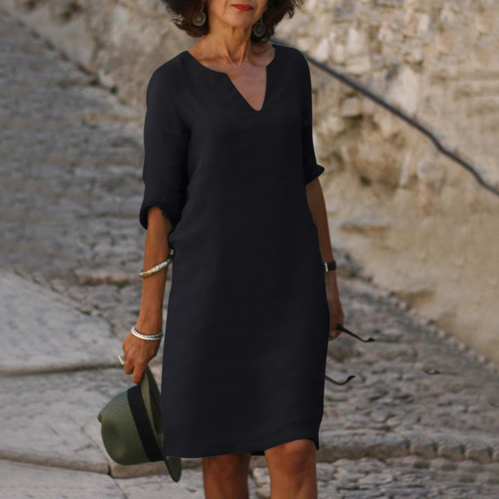 Effortless V-Neck Linen Breathable Everyday Comfort Relaxed Fit Pretty Midi Dress