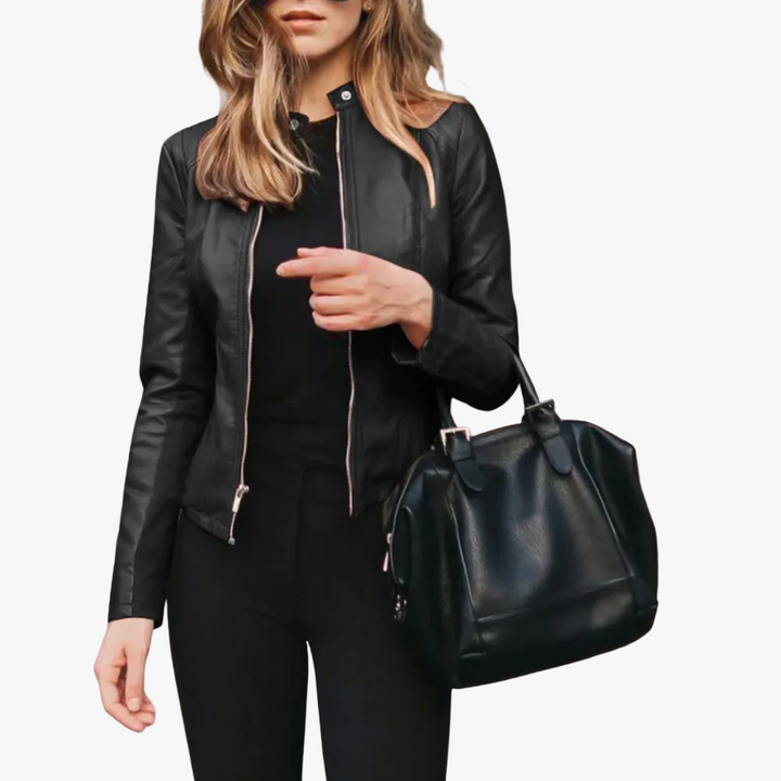 Women’s Bomber-Style Polyurethane Jacket with Zipper and Stand-Up Collar