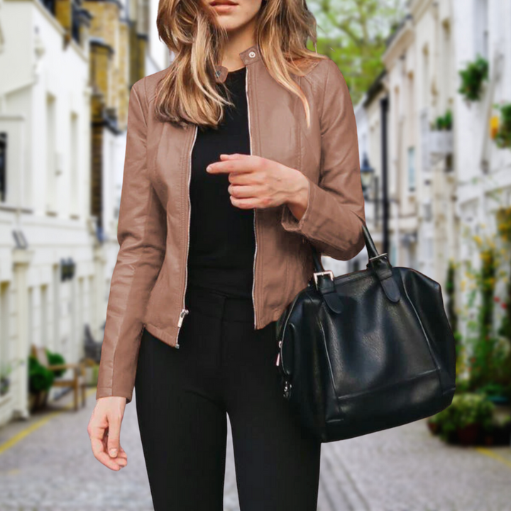 Women’s Bomber-Style Polyurethane Jacket with Zipper and Stand-Up Collar