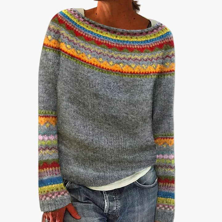Ladies Casual Acrylic Sweater with Boat Neck and Nordic Yoke