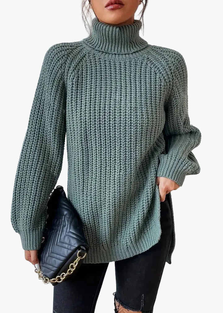 Women's Casual Ribbed Turtleneck Sweater with Raglan Sleeves