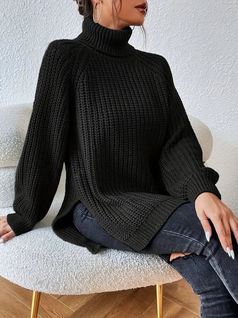 Women's Casual Ribbed Turtleneck Sweater with Raglan Sleeves
