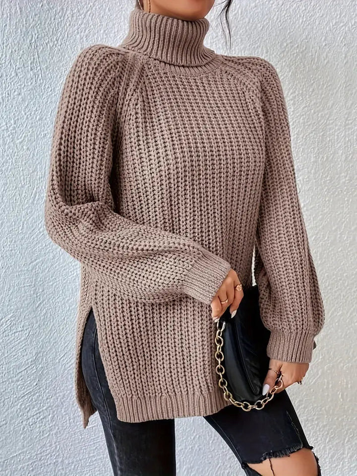 Women's Casual Ribbed Turtleneck Sweater with Raglan Sleeves