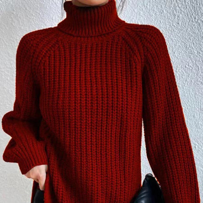Women's Casual Ribbed Turtleneck Sweater with Raglan Sleeves