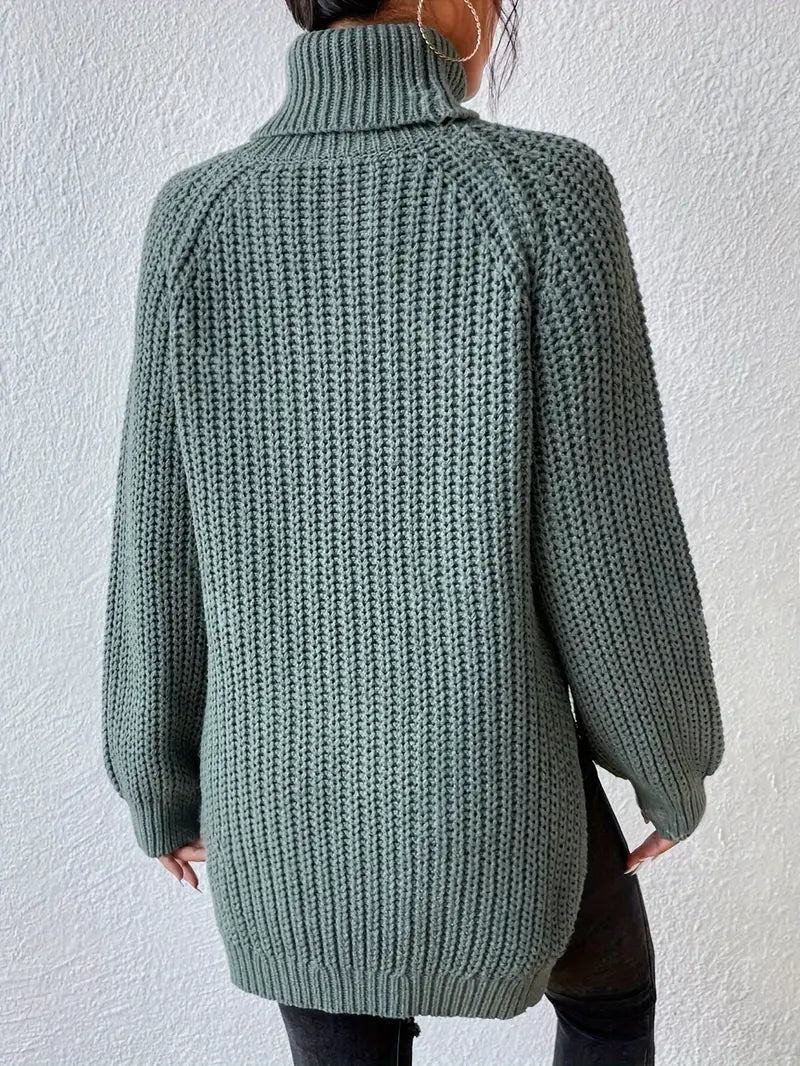 Women's Casual Ribbed Turtleneck Sweater with Raglan Sleeves