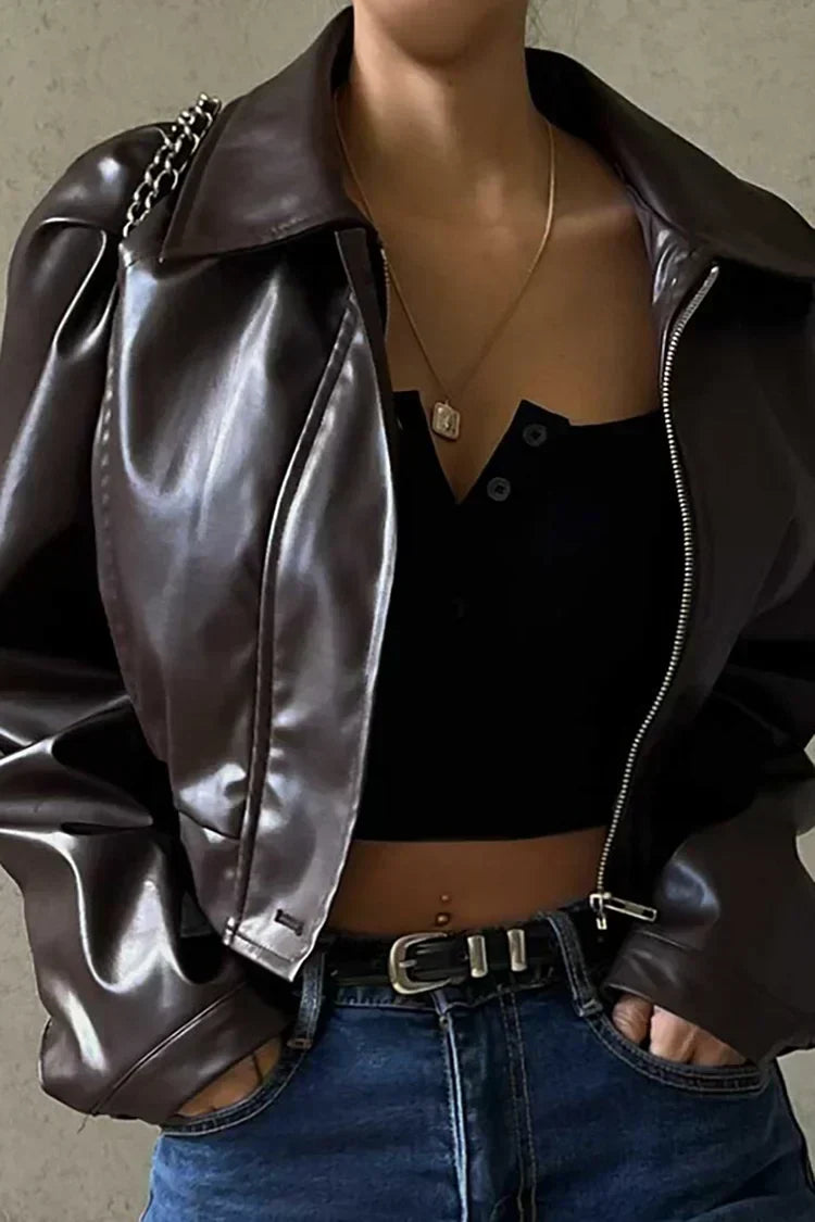 Ladies Cropped Coated Jacket with Zipper and Puff Sleeves