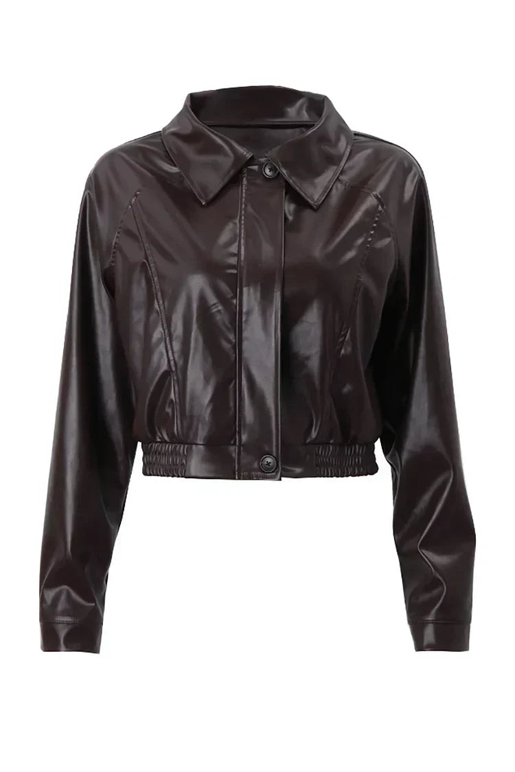 Ladies Cropped Coated Jacket with Zipper and Puff Sleeves